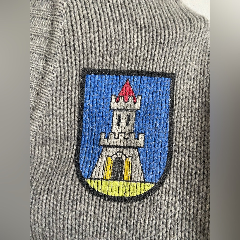 Rare Vivienne Westwood Anglomania gray wool cardigan with castle iconography